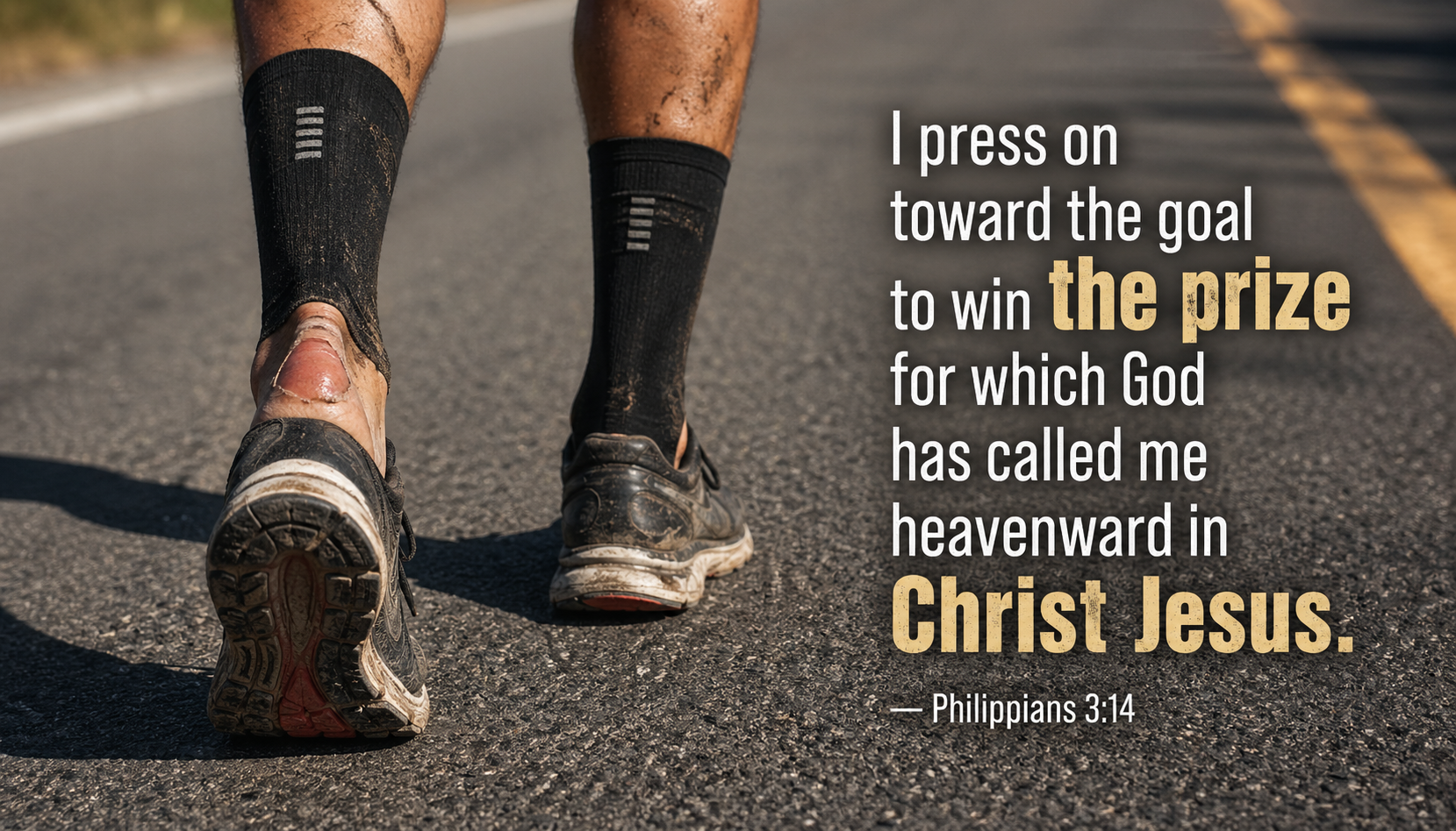 Marathon runner legs at mile 24 blistered feet compression socks, pavement still going, not start not finish the pressing on, asphalt afternoon shadow grit, text I press on toward the goal Philippians 3:14 -- HD wallpaper